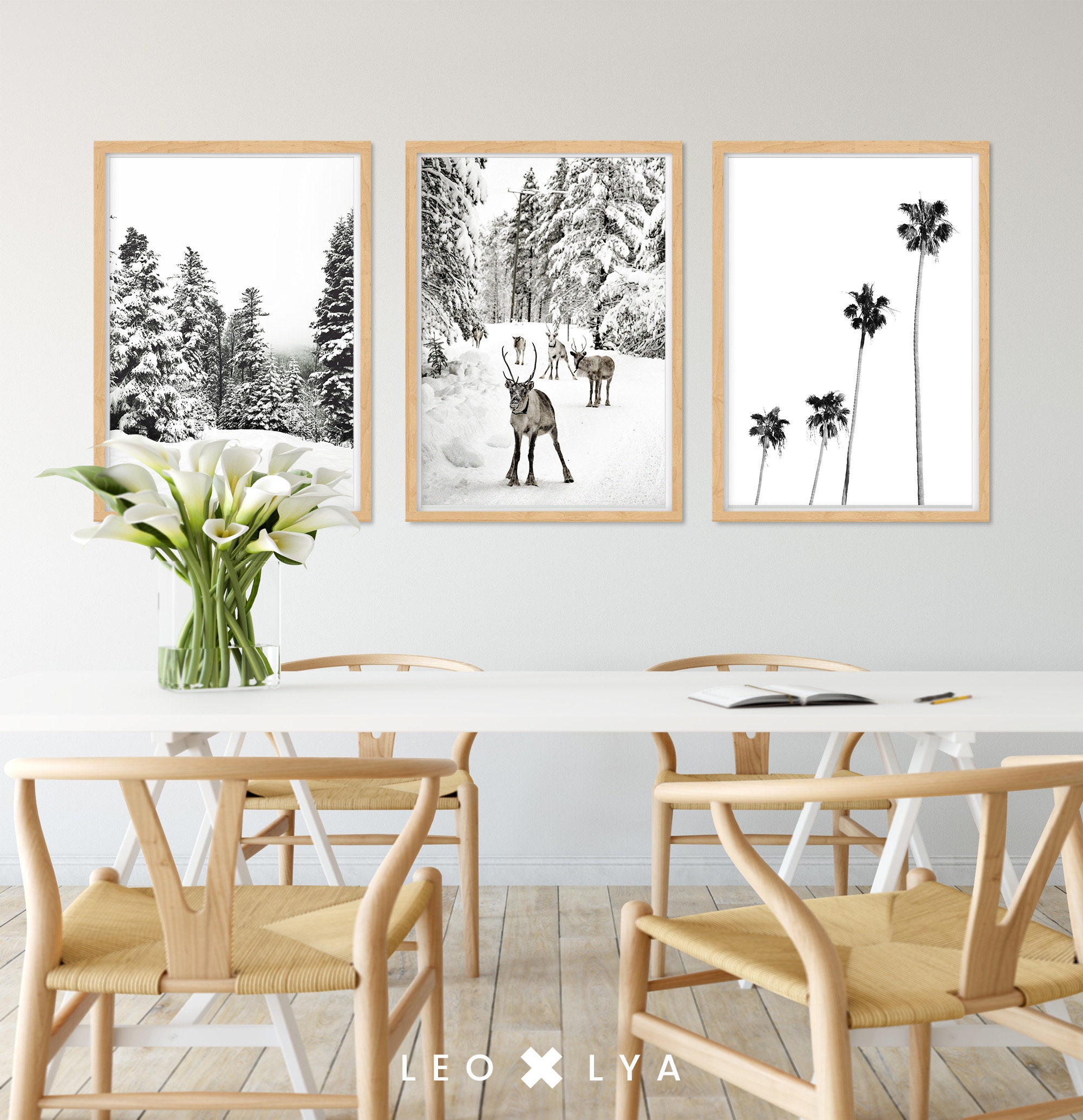 Winter Set of Prints, Reindeer Print, Log Cabin Poster, 3 Piece Winter ...