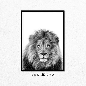 May include: Black and white photograph of a lion's face with a thick mane. The lion is looking directly at the camera. The image is framed in a black frame and has the text "LEO x LY A" below the image.