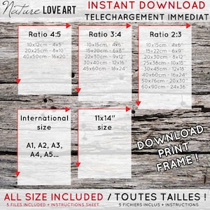 Puede incluir: Un gr&aacute;fico de descarga digital que muestra diferentes proporciones de tama&ntilde;o para arte imprimible. Las proporciones son 4:5, 3:4 y 2:3. Los tama&ntilde;os se enumeran en cent&iacute;metros y pulgadas. El gr&aacute;fico tambi&eacute;n incluye tama&ntilde;os internacionales como A1, A2, A3, A4 y A5. El texto "INSTANT DOWNLOAD" y "TELECHARGEMENT IMMEDIAT" est&aacute; en la parte superior del gr&aacute;fico. El texto "ALL SIZE INCLUDED / TOUTES TAILLES!" est&aacute; en la parte inferior del gr&aacute;fico.