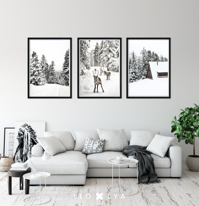 Winter Set of Prints, Reindeer Print, Log Cabin Poster, 3 Piece Winter ...
