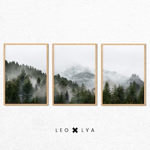 3 Poster Berglandschaft, Wald- und Nebelfoto, Naturposter, Chalet-Dekoration, Bergdekoration, skandinavische Gemälde, Tannenbaum-Poster