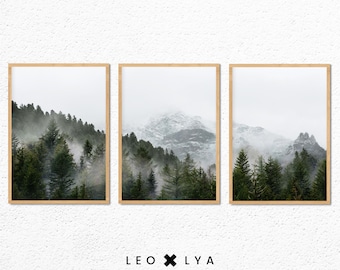 Set of Forest Prints, Forest 3 Piece Wall, Fog Moutain Set, Three Nordic Landscape, Set of 3 Foggy Forest, Misty Trees, Green Nature Set