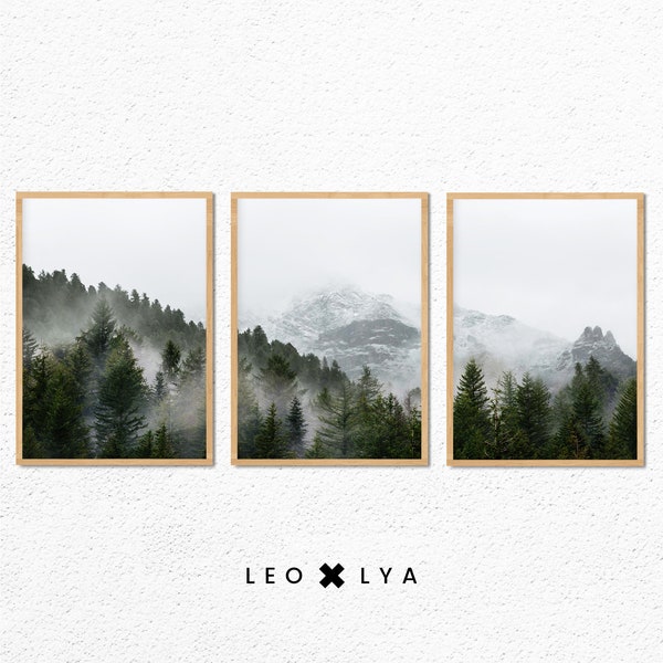 3 Posters Paysage Montagne, Photo Forêt et Brume, Poster Nature, Décoration Chalet, Décoration Montagne, Tableaux Scandinave, Poster Sapins