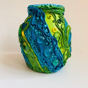 Found In the Sea (Non-Available) Decorative blue and green jar. Jam Glass jar covered with polymer clay, glass and beads.