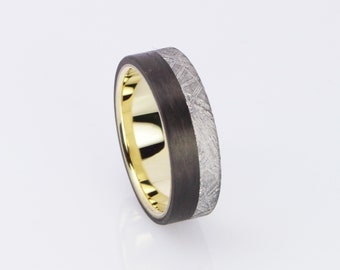 Carbon ring with meteorite inlay gold-plated