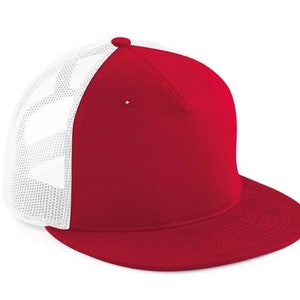 May include: A red and white baseball cap with a mesh back. The front of the cap is solid red, and the back is white mesh.
