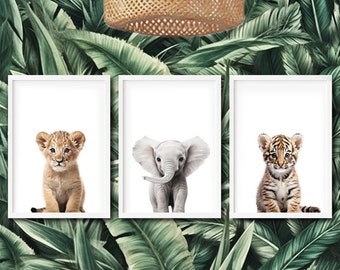 Jungle Animal Prints, Nursery Decor, Lion Cub, Baby Elephant, Tiger Cub, Baby Room Art, Nursery Wall Art, Set of 3 Prints, Digital Download