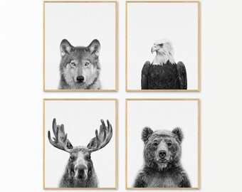 Waldtiere Prints, schwarz weiss Kinderzimmer Dekor (4er Set) (Digitaler Download)