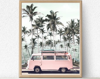 Beach Wall Art, Beach Decor, Beach Print, Beach Photography, VW Bus Decor, Retro Van, Palm Print, Palm Wall Art, Retro Van Print, Palm Photo