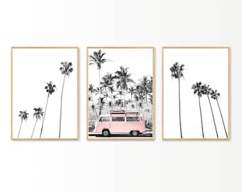 Palm Print, Beach Decor, VW Bus art, Set of 3 Prints, Digital Download, Beach Print, VW Bus Decor, Retro Van, Palm Wall Art, Retro Van Print