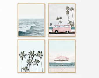 Sea wall art, Palm Trees Digital Print, VW Bus art, Modern Minimalist, Printable Digital Download, Set of 4 Prints, Pink Umbrella Print