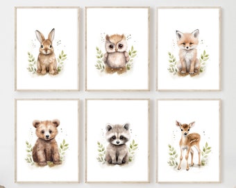 Impressions aquarelles d'animaux des bois, décoration de chambre d'enfant (téléchargement numérique)