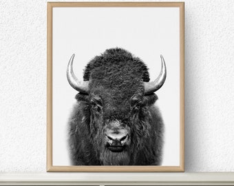 Bisonporträtttryck, svartvit buffelkonst (digital nedladdning)