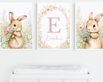 Impressions personnalisées de chambre de bébé de lapin, décoration de chambre de bébé fille (téléchargement numérique)