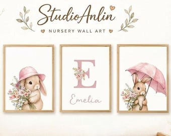 Impressions personnalisées de chambre de bébé de lapin, décoration de chambre de bébé fille (téléchargement numérique)