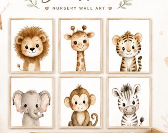 Safari aquarelle, impression d'animaux, ensemble d'art mural pour chambre d'enfant (téléchargement numérique)