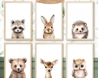 Impressions aquarelles d'animaux des bois, décoration de chambre d'enfant (téléchargement numérique)