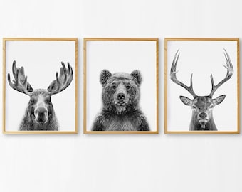 Ensemble d'impressions d'animaux de la forêt, décoration de chambre d'enfant, noir et blanc (téléchargement numérique)