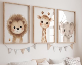 Impression pour chambre de bébé Safari, art mural animaux de la jungle, lot de 3 impressions pour chambre de bébé, bébé lion, bébé girafe, éléphanteau, décoration de chambre d'enfant
