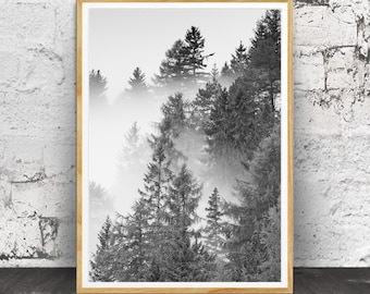 Black and White Forest Print, Foggy Landscape Photography (Digital Download)