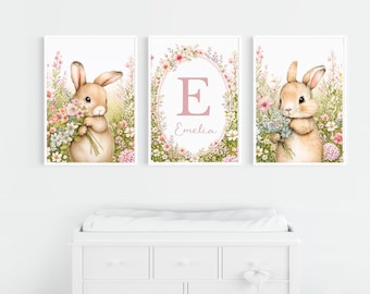 Impressions de chambre de bébé lapin, art mural floral rose, nom de bébé personnalisé (téléchargement numérique)