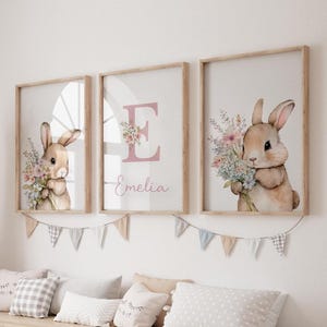 Estampas de coelho para bebês, conjunto personalizado de 3 estampas de coelho para quarto de bebê, estampas para quarto de menina, decoração de parede rosa para quarto de bebê