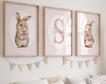 Lot de 3 impressions lapin pour chambre d'enfant, art mural bébé fille rose (téléchargement numérique)