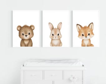 Impressions aquarelles d'animaux des bois, lot de 3 oeuvres d'art mural pour chambre d'enfant (téléchargement numérique), mignon lapin, lapin, renard, décoration neutre de chambre bébé garçon fille