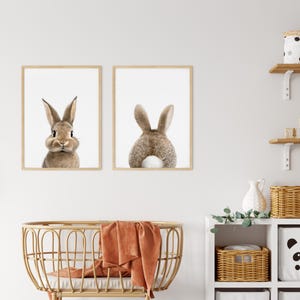 Impressão de coelho e rabo de coelho, berçário com tema de floresta, decoração de quarto de bebê, pôster para impressão, arte de parede de coelho, conjunto de 2 impressões