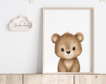 Impressions d'animaux des bois aquarelles, ensemble d'art mural pour chambre d'enfant (téléchargement numérique), ourson mignon