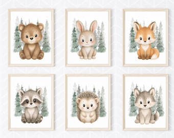 Impressions aquarelles d'animaux des bois, décoration de chambre d'enfant, lot de 6 (téléchargement numérique)