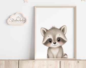 Impressions aquarelles d'animaux des bois, ensemble d'art mural pour chambre d'enfant (téléchargement numérique), joli bébé raton laveur