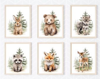 Impressions d'animaux des bois aquarelles, décoration de chambre d'enfant, lot de 6 (téléchargement numérique), art mural lapin renard loup raton laveur cerf ours, pépinière de forêt