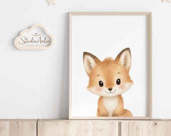 Impressions aquarelles d'animaux des bois, ensemble d'art mural pour chambre d'enfant (téléchargement numérique), renardeau mignon