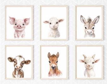 Lot de 6 décorations pour chambre de ferme, impressions d'animaux de la ferme pastel, art mural mignon vache cochon agneau âne poulain chèvre, affiche de chambre de bébé, téléchargement numérique
