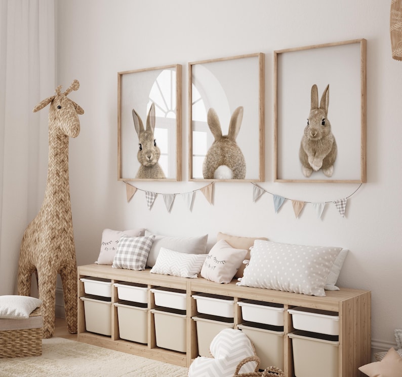 Kanintryck, barnrumsdekor, kaninsvans, konstdekor för babyrum, utskrivbar affisch, skogsdjur, kanin, set med 3 tryck, digital nedladdning bild 5