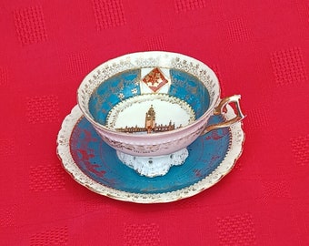 Taza de té de porcelana real de Viena, en celebración de la exposición franco-inglaterra de 1908