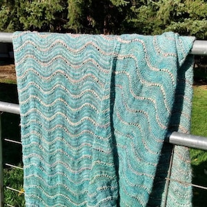 Tropic sea turquoise wool and silk lap blanket, handmade silk throw, hand dyed and spun afghan, 5&#39;3 ft x3&#39;8 ft, boho blanket