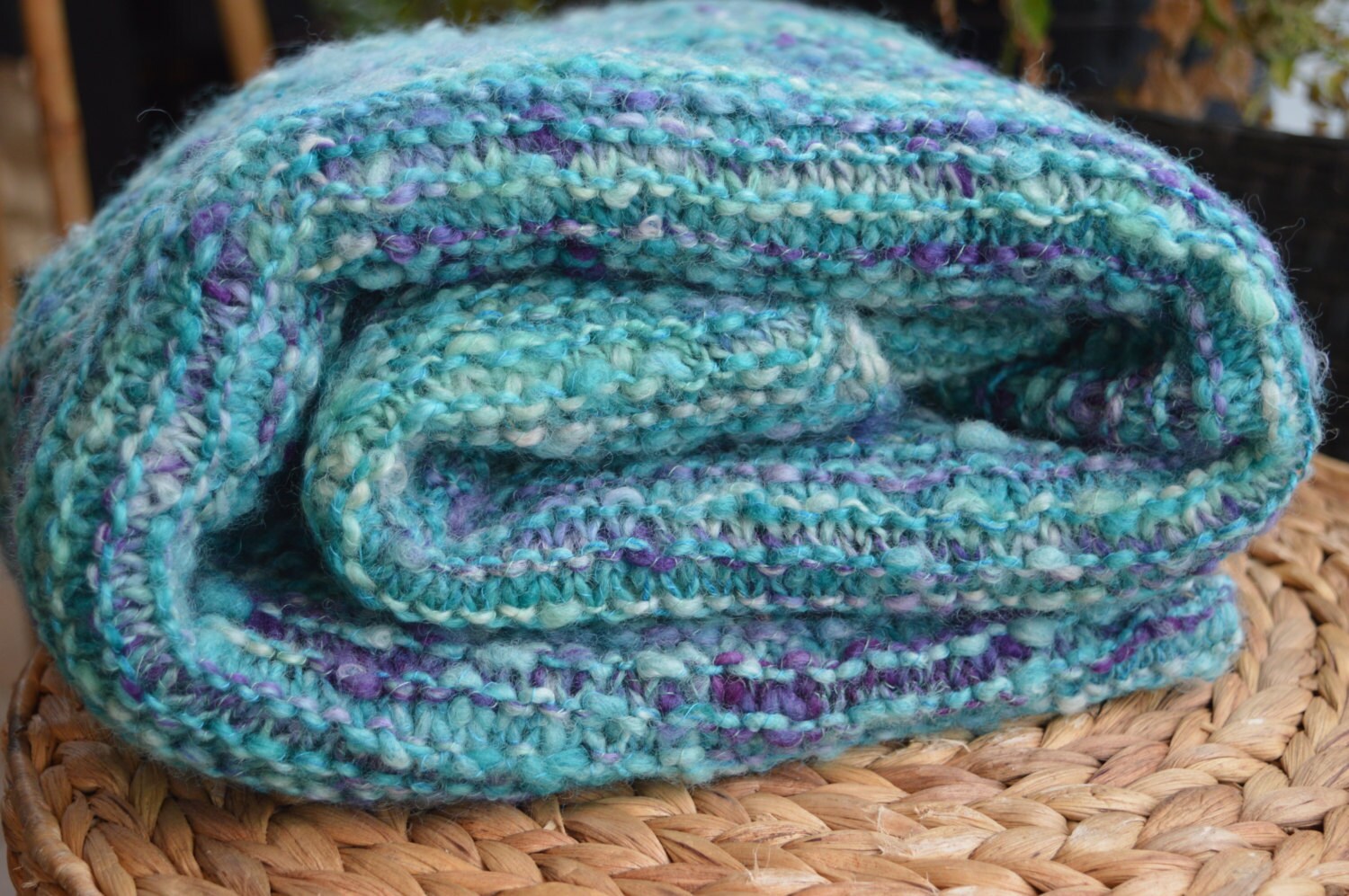 Turquoise and Purple Wool Throw Blanket, Handmade Wool Afghan, Hand