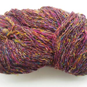 Purple multi-color sari silk yarn, hand blended handspun silk yarn, artisan yarn, knitting, weaving yarn