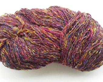 Purple multi-color sari silk yarn, hand blended handspun silk yarn, artisan yarn, knitting, weaving yarn