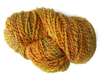 Wool and silk yarn skein, yellow gold hand dyed handspun plied with rainbow silk