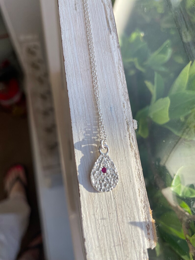 Patterned Silver Necklace With Small Faceted Pink Ruby Sterling Silver ...