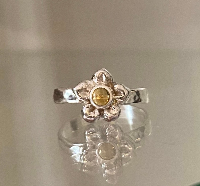 Sterling Silver with Hammer Textured Band Citrine Flower Ring