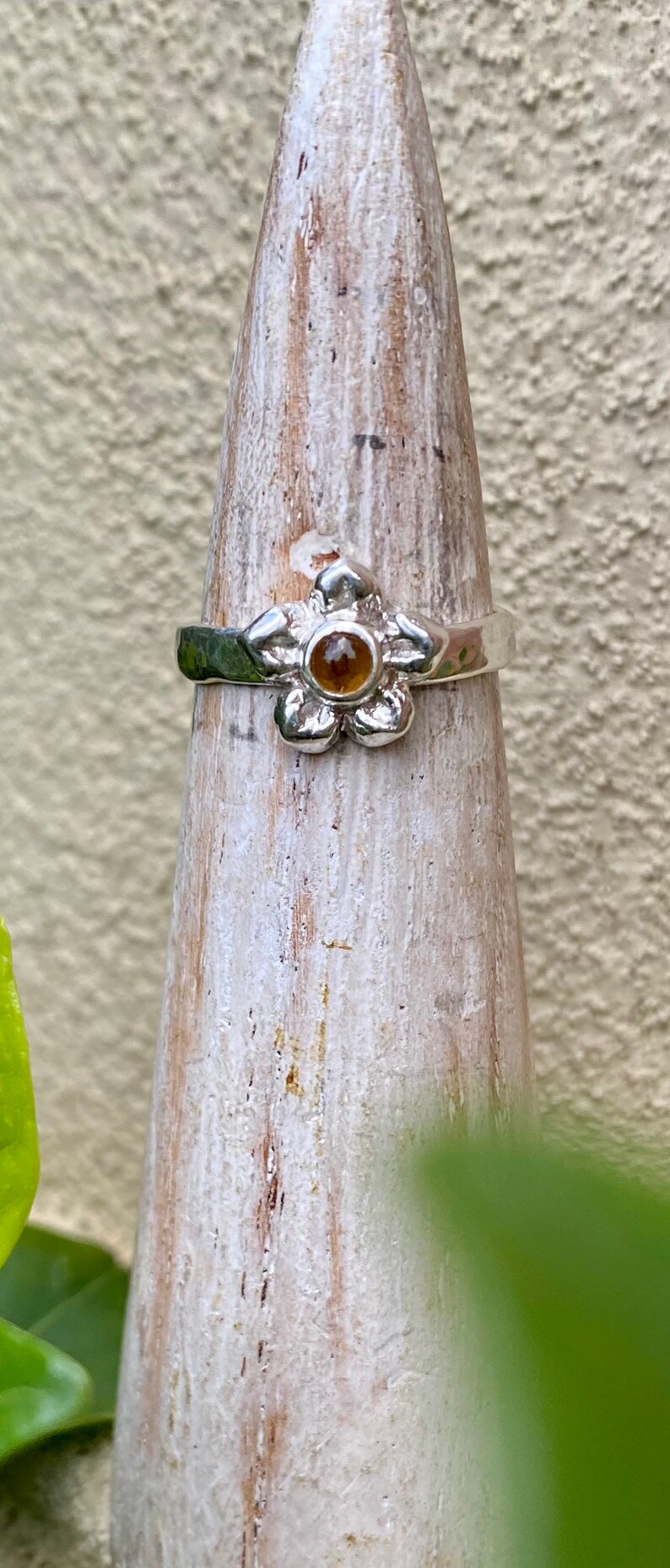 Sterling Silver with Hammer Textured Band Citrine Flower Ring