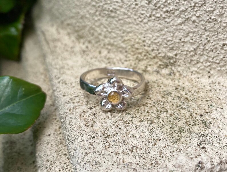 Sterling Silver with Hammer Textured Band Citrine Flower Ring