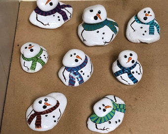Melting SNOWMAN rock, painted rock, winter decor for tiered tray, winter gift, white elephant gift.