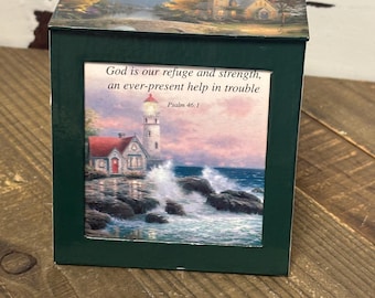Thomas Kincade photo card, display box with scriptures on them, in a cardboard box, encouragement