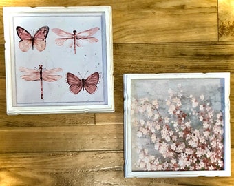 Floral Wall art, Framed canvas prints, butterflies, flowers, hand made frames, reclaimed wood frames, rustic, shabby chic