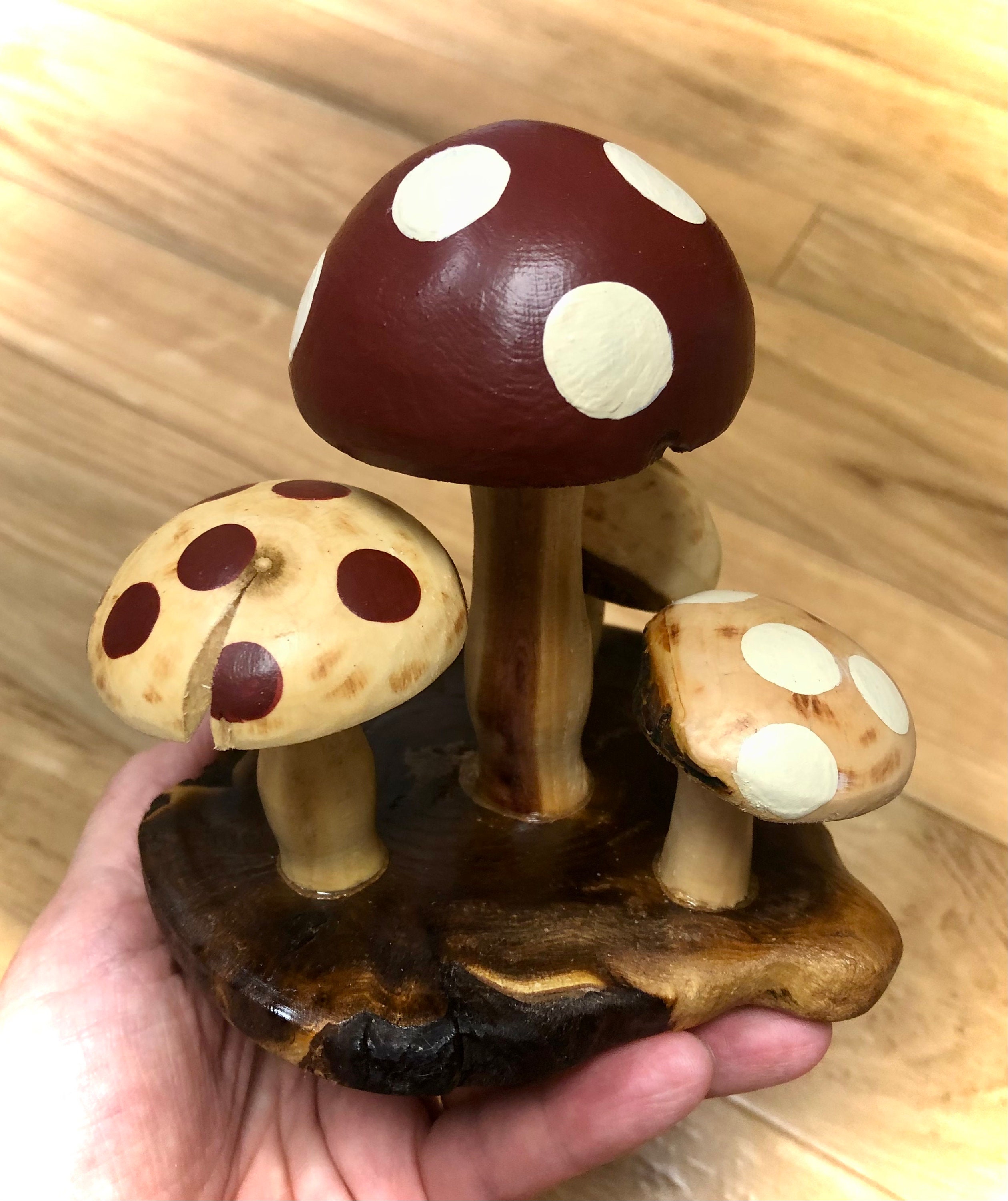 Wood Mushrooms, Painted Mushroom Grouping, Hand Made, Reclaimed